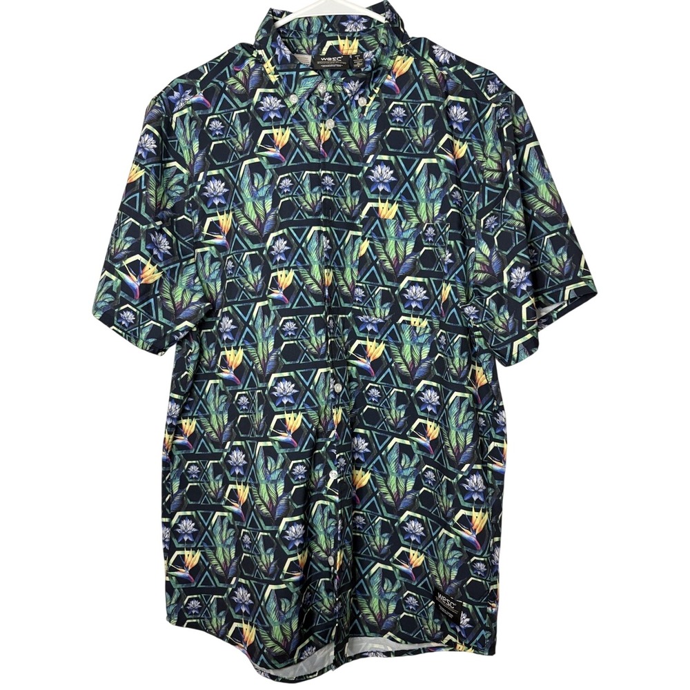 WESC Hawaiian Shirt Mens S Women M Oden Black Floral Geometric Vacation Beach - Picture 1 of 7
